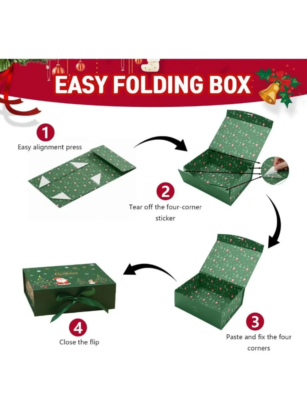 Christmas Magnetic Gift Boxes with Lids, Collapsible Holiday Packaging, 4 Pack